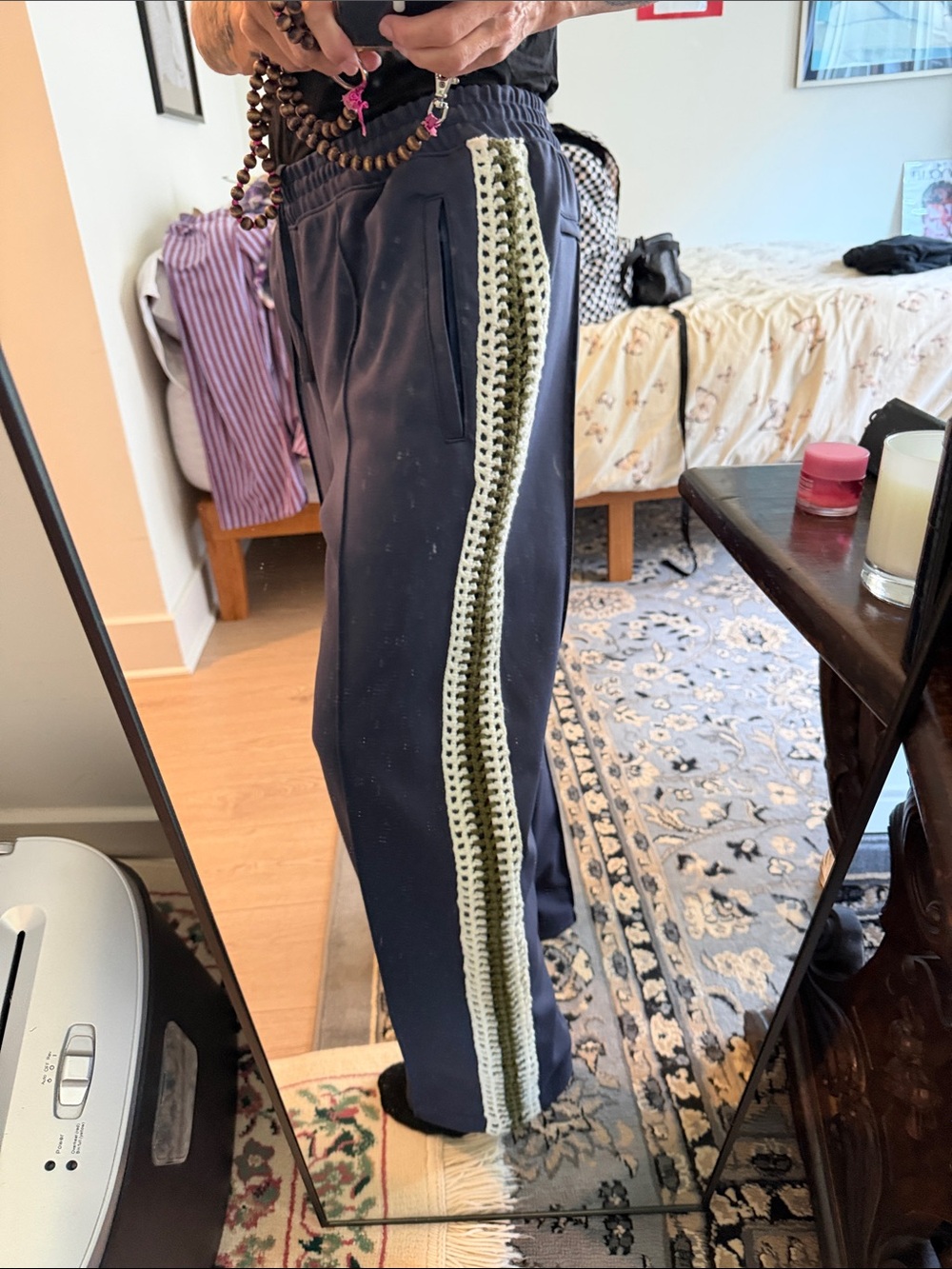 Madhappy Navy Sweatpants with Olive Crochet Side Stripe